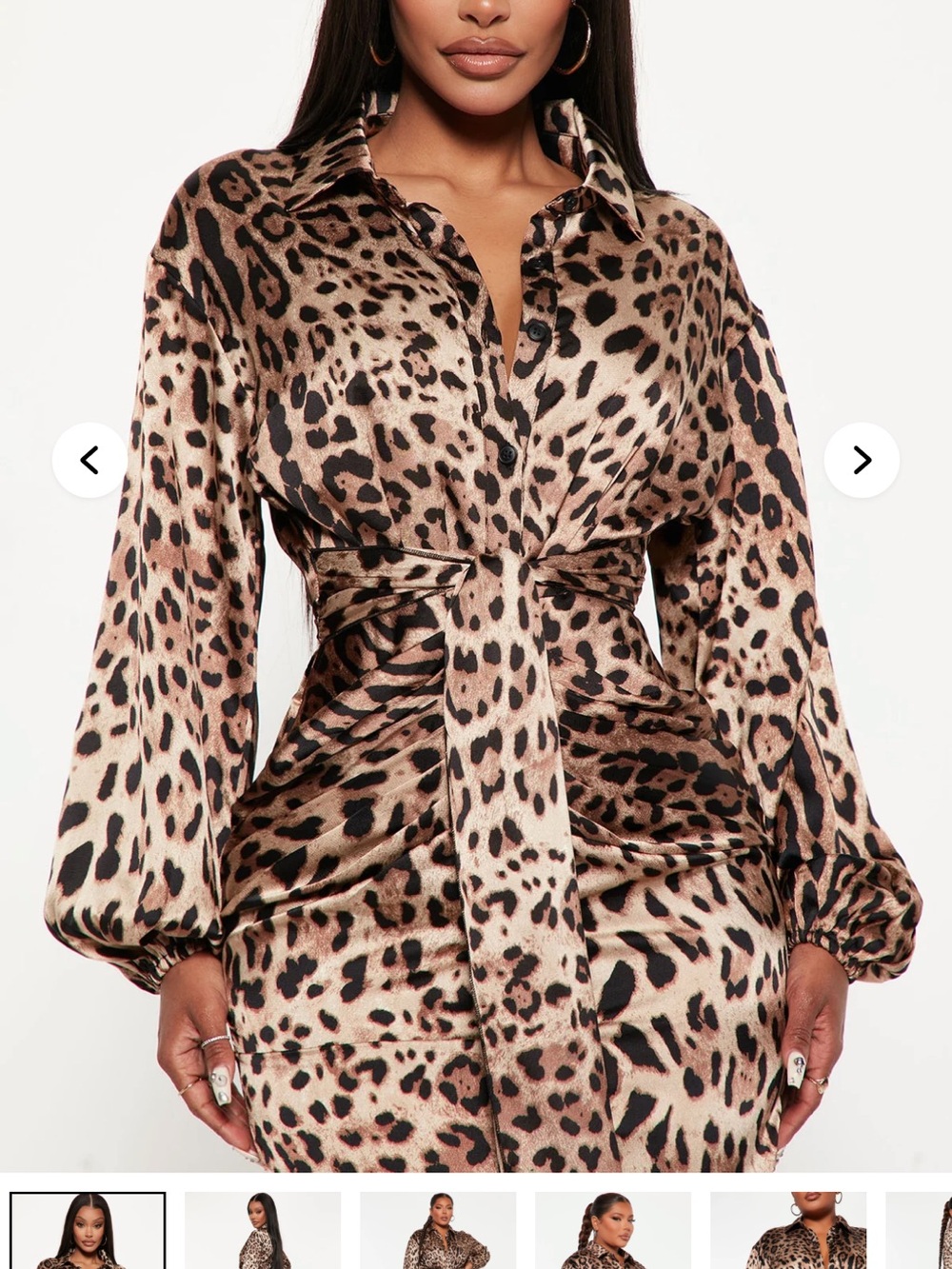 Fashion Nova Leopard Print Satin Tie-Waist Long Sleeve Dress - Brown/Tan/Black
